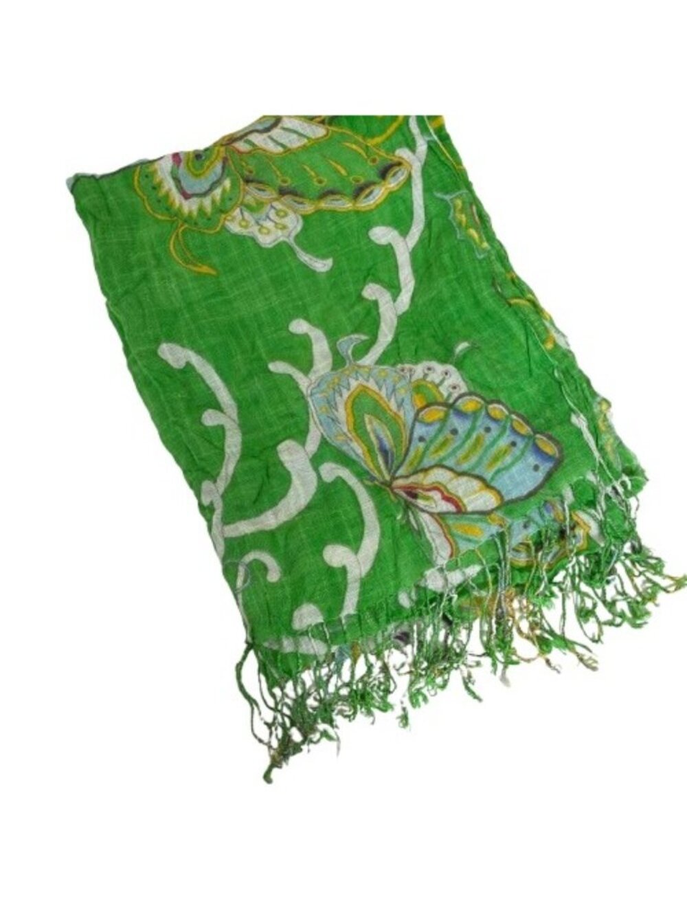 Tres Hermanas Lightweight Green Butterfly Print Scarf w/ Fringe 24x65 Fairycore